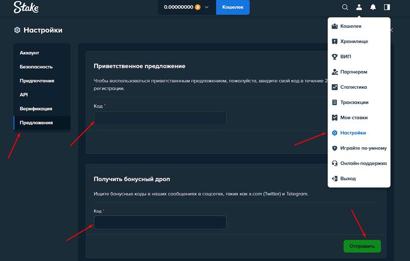 Применение промокода в Stake Casino